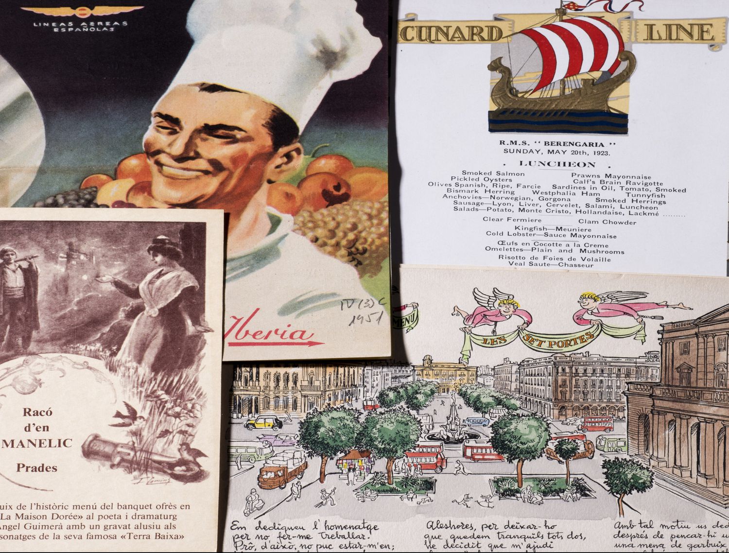 Muestra de algunos anuncios y menús que pueden verse en la exposición 'La flor de totes les cuines', en la Biblioteca de Catalunya.